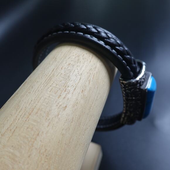 Stainless Steel & Leather Bracelet w/ Turquoise Stone SBR-6746 - Picture 10 of 10